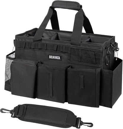 SCAVATA Wearable Cleaning Caddy Bag, Supplies Organizer with Handle & Shoulder Straps for Housekeepers, Under Sink & Car Cleaning Tool Organizer with 4 Foldable Dividers (Black)