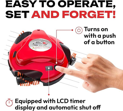 Grillbot Automatic Grill Cleaning Robot with Nylon Brushes, Electric BBQ Cleaner Brush with Motorized Power, Cordless Rechargeable Grill Scrubber for Outdoor Grills (Red)