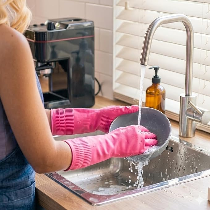 Cleaning Rubber Gloves, Waterproof Non-Slip Long Cuff Dishwashing Household Kitchen Gloves