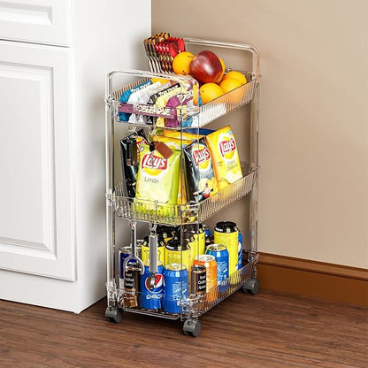 Clear 3 Tier Rolling Utility Cart with Wheels,Modern Bedside Cart for Baby Essentials,Nursery,Diaper Caddy,Baby Supplies,Rolling Storage Carts for Living Room,Bathroom,Kitchen,Book Cart