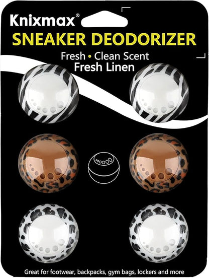 Knixmax Sneaker Deodorizer Shoe Freshener Balls, Odor Eaters for Shoes Boots Mules, Smell Eliminator Ball for Gym Gear Bags and Lockers, Fresh Linen Scent, Pack of 6 Leopard