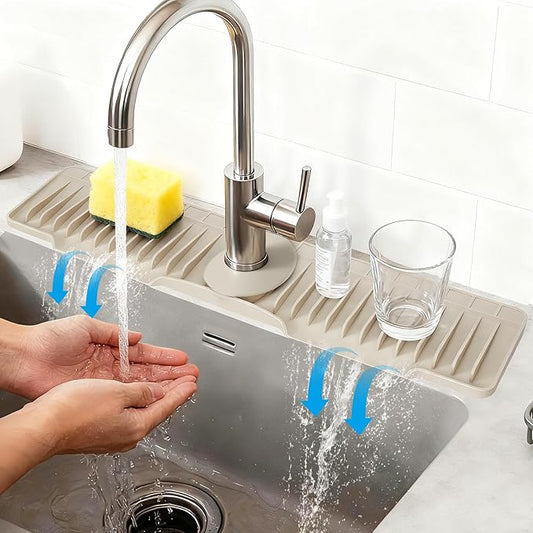 24" Silicone Faucet Mat for Kitchen Sink Released in 2025/12TH,8° Slope Fast Self-draining-Kitchen Sink Splash Guard,Bathroom Kitchen Sink Area Water Splash Guard Behind Faucet Draining Mat Beige