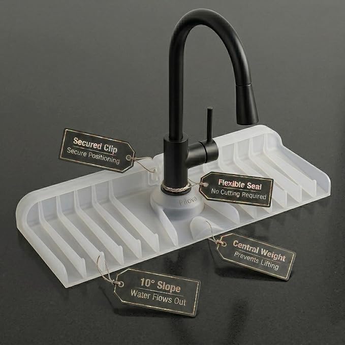 Premium Kitchen Sink Splash Guard – 16" x 5.7" Silicone Faucet Mat with Secure Pressure Clip, True 10° 3D Drainage(No Pooling), Anti-Lift Design, Flexible Leak-Sealing Ring, Non-Slip Fit Behind Faucet