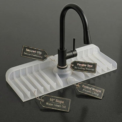 Premium Kitchen Sink Splash Guard – 18" x 5.7" Silicone Faucet Mat with Secure Pressure Clip, True 10° 3D Drainage(No Pooling), Anti-Lift Design, Flexible Leak-Sealing Ring, Non-Slip Fit Behind Faucet