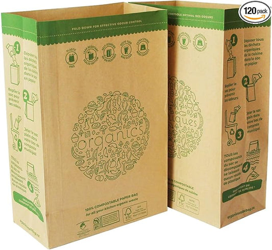 HYTREND-Kitchen Food Waste Bag-120 Bags-%100 Compostable paper Bag - Leak Resistant - Small-Certified by BNQ and BPI,CMA-I,CMA-W