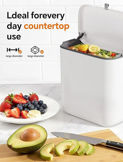 Wall Mounted Kitchen Compost Bin with Lid, Hanging Trash Can for Cabinet Door, White Plastic Food Scrap Bin for Kitchen Counter and Under Sink, 1.8 Gal