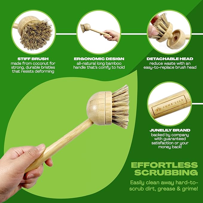 JuneLily Long Coconut Dish Brush Plant-Based Vegan for Kitchen Bathroom Cleaning Produce Washing Dishes (Long Dish Brush)