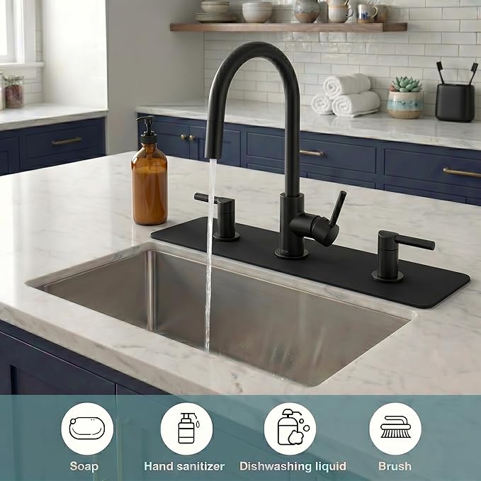 2PCS Faucet Mat for Bathroom Sink 3 Holes: 18’’Lx5.5’’W Splash Guard Fits 8 Inch Widespread Faucet for Vanity & Farmhouse Bridge Kitchen Faucet - Trimmable Drip Catcher for Irregular Sink, Black