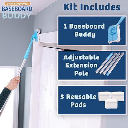 Baseboard Buddy | Lightweight Home Cleaning Essential, Perfect for Baseboards, Moldings & Walls, Glide & Wipe Trapping & Locking Dirt & Dust | As Seen on TV, (1 Baseboard Buddy & 3 Reusable Pads)