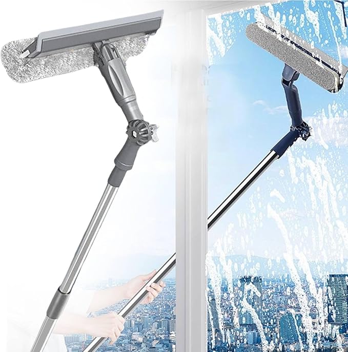 47" Window Squeegee with Extension Pole, 4-in-1 Telescopic Window Cleaner Tool with 2-Stage Telescoping Pole, Extension Washing Tool with Rotatable Clean Head for Indoor/Outdoor High Window Glass
