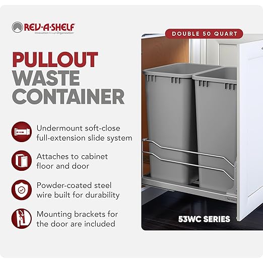 Rev-A-Shelf Double Pullout Trash Cans for Full Height Kitchen Cabinets 50 Quart 12.5 Gallon with Soft-Close Slides, 14.5" Min Opening, 53WC-2150SCDM-217
