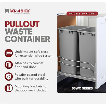 Rev-A-Shelf Double Pullout Trash Cans for Full Height Kitchen Cabinets 50 Quart 12.5 Gallon with Soft-Close Slides, 14.5" Min Opening, 53WC-2150SCDM-217