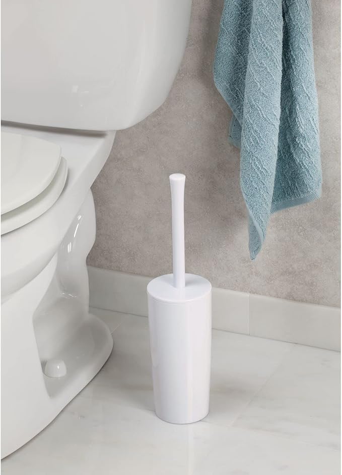 mDesign Slim Plastic Toilet Bowl Brush and Holder Set, Modern Compact Storage Organizer Cleaner Scrubber for Toilet - Heavy Duty Cleaning Plunger for Bathroom, Aura Collection - White