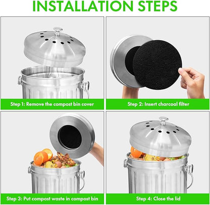 ENLOY Compost Bin & 12 Pack Compost Bin Filters Extra Thick Activated Carbon, Stainless Steel Indoor Compost Bucket with Carrying Handle 1.3 Gallon, Odor Absorbing Charcoal Filters 7.2 Inch