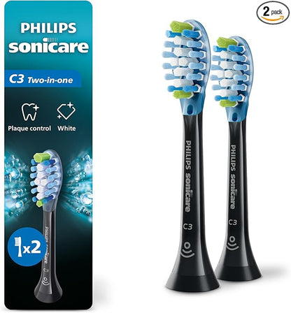 Philips Sonicare C3 Two-in-One - Genuine Replacement Electric Toothbrush Heads, Black, 2 Pack, HX9042/95