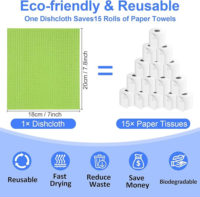 RAINFLOW Swedish Dishcloths 10 Pack - Reusable Paper Towels, Dish Cloths for Washing Dishes, Swedish Dishcloths for Kitchen,Cleaning Cloths, Sponge Cloth Super Absorbent Quick Dry Kitchen Towels