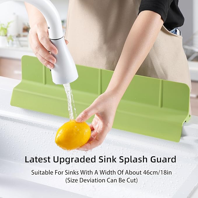18" Upgraded Silicone Sink Splash Guard Released in 2026,Self-Draining Water Splash Guard for Kitchen Sink,Bathroom and Kitchen Island,with 3.5" High Splash Guard & 6 Strong Suction Cup (Green)