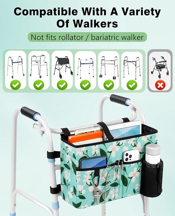 Rhino Valley Walker Bag, Secure Fit Walker Basket with Cup Holder, Large Capacity Foldable Walker Accessories for Seniors, Detachable Folding Walker Pouch Organizer for Older Elderly Gifts, Lily