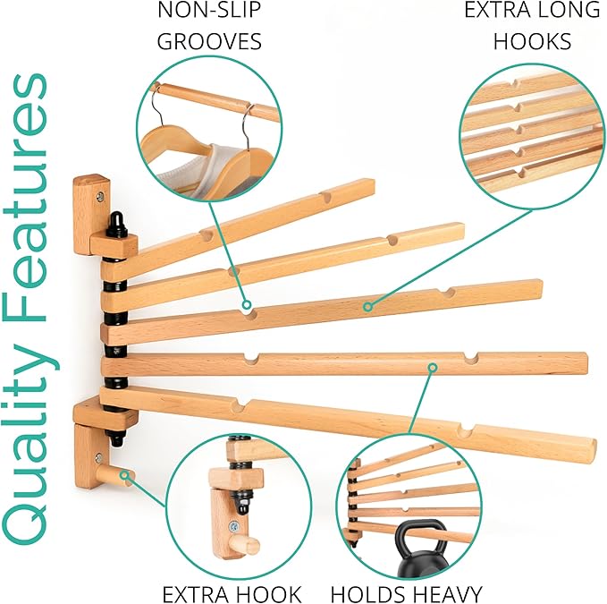 TERRA HOME Swivel Towel Rack - Clothes Drying Rack Wall Mounted - Crafted with Rustic Hard Wood - 5 Durable Rods, Stylish and Home Docor Design for Bathroom, Laundry Room