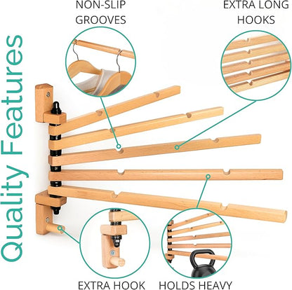 TERRA HOME Swivel Towel Rack - Clothes Drying Rack Wall Mounted - Crafted with Rustic Hard Wood - 5 Durable Rods, Stylish and Home Docor Design for Bathroom, Laundry Room