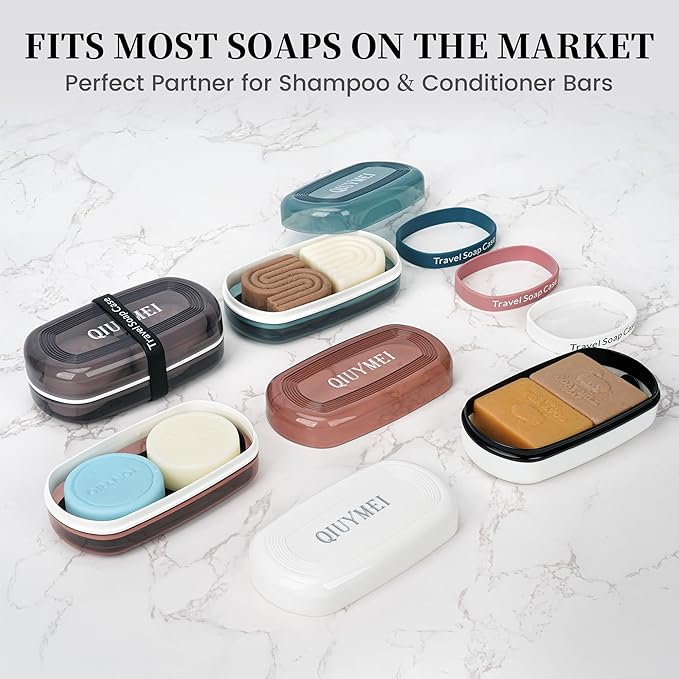 Shampoo Bar Holder Travel Case | Leakproof Soap Container with Lid & Drain Tray | Includes Silicone Strap and Soap Bag | Compatible with Kitsch Solid Shampoo and Conditioner Bars (White, Large)