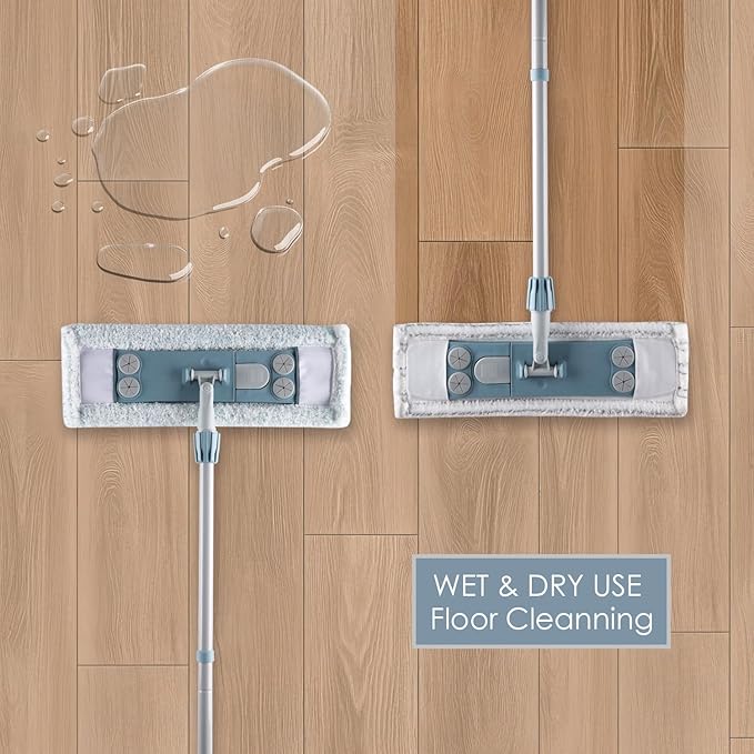 Homilifibra Dust Mop for Floor Cleaning,Magnetic Floor Flat Mop with 2 Washable Pads -Extendable 64‘’ Iron Handle for Hardwood Tile Marble Laminate Floors,Blue&Gray