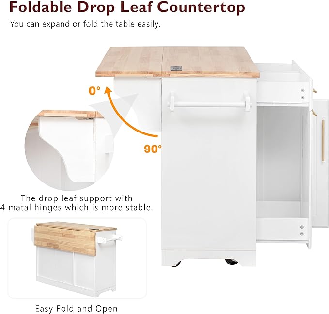 59.3" Kitchen Island with Drop Leaf and Pull Out Trash Can Storage Cabinet, Rolling Kitchen Island Table with Power Outlet, Spice & Towel Rack for Kitchen, Dining, White