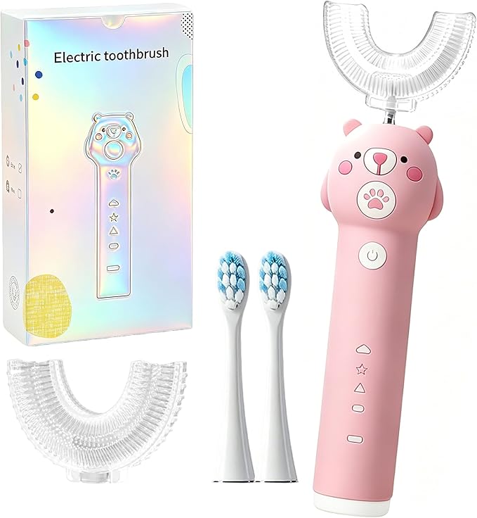 Kids Electric Toothbrush, with 4 Cleaning Modes, with 4 Brush Heads, Toddler U Shaped Toothbrush with 2 Soft Brush Head，Cartoon Bear 360-Degree Cleaning IPX7 Waterproof Design (Ages 2-16)
