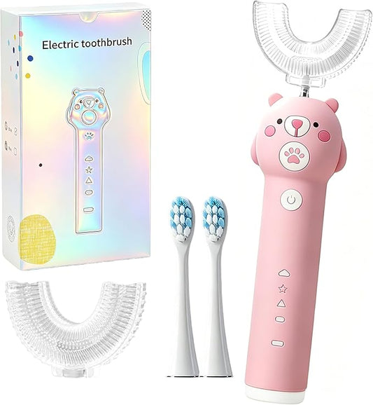Kids Electric Toothbrush, with 4 Cleaning Modes, with 4 Brush Heads, Toddler U Shaped Toothbrush with 2 Soft Brush Head，Cartoon Bear 360-Degree Cleaning IPX7 Waterproof Design (Ages 2-16)
