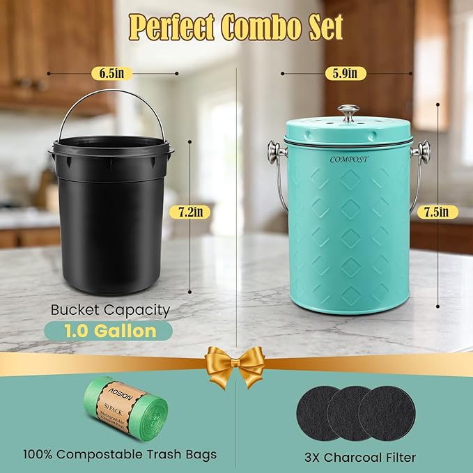 AOSION Countertop Compost Bin Kitchen,Odorless Indoor Compost Bin with Lid,Farmhouse Composter Container for Food Waste,Includes 2 Carbon Filters, Small Compost Bucket,Trash Bags (Modern, Light Green)