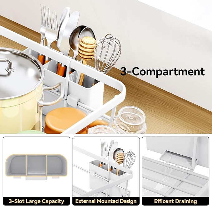 TOOLF Dish Drying Rack, Dish Racks for Kitchen Counter, Stainless Steel Sink Organization and Storage Essentials with Cutlery Holder, Dish Drainer, Home and Appartment Decor, 12.4''W x 16.5''L, White