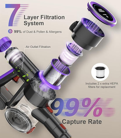 Cordless Stick Vacuum Cleaner: 550W 50KPA 45Mins with Powerful Suction, Self-Standing Lightweight Wireless Rechargeable Handheld Vacuum with Touch Screen for Home Pet Hair/Carpets/Floors