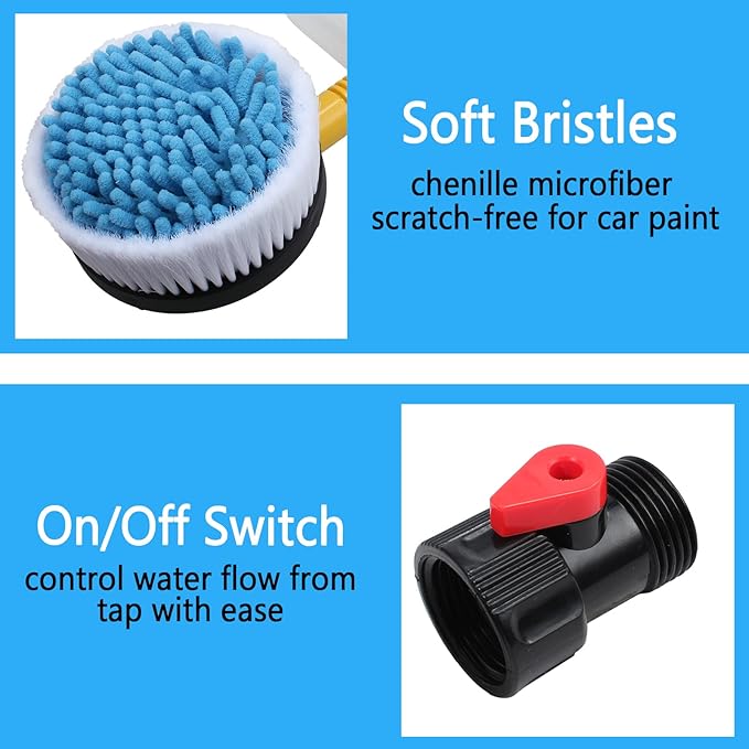Rotating Car Wash Brush with Soap Dispenser & Hose Attachment, Soft Bristle Car Spin Mop Washing Scrub Brush Long Handle, Water Flow Through High Pressure Car Cleaning Brush Kit (Yellow)