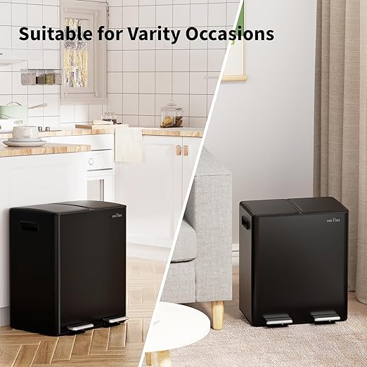 mVm Dual Trash Can, 2 x 5.3 Gal Kitchen Trash Can with Light Lid, 2 Compartment Stainless Steel Recycle Bin for Home Kitchen Office (Black)