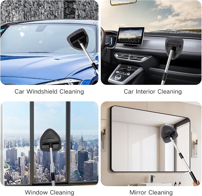 Qydipclin 10pcs Windshield Cleaning Tool Inside Car Window Cleaner Wash Kit with 4 Reusable Microfiber Pads 1 Spray Bottle and Extendable Handle Interior Auto Glass Wiper Kit, Gray
