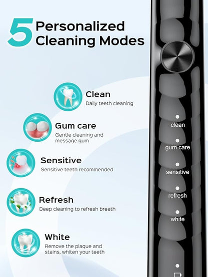 COSLUS C40 Sonic Electric Toothbrush for Adults: 47000 VPM for Deep Cleaning & Whitening with Travel Case - 5 Modes for Sensitive Teeth & Braces, Wireless Charging, 6 Brush Heads, Black & Pink (2PCS)