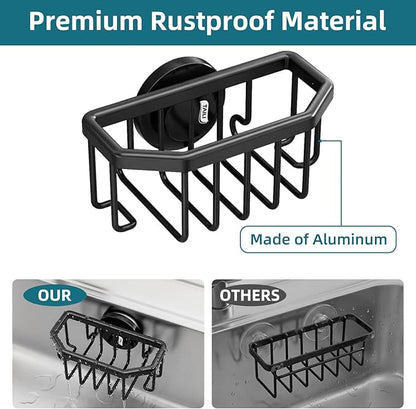 TAILI Sink Caddy with Strong Suction Cup, Sponge Holder for Kitchen Sink Organizer, Removable Sponge Caddy Inside Sink, Rustproof Aluminum Holder for Sponges, Brushes - Black