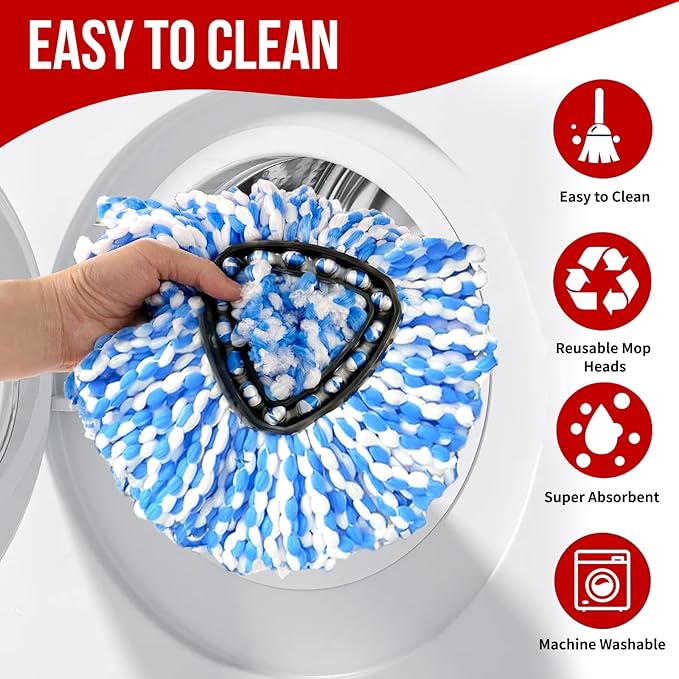 O-Cedar Spin Mop Head, Base, Handle Replacement for RinseClean 2 Tank System, 4 Microfiber Mop Refills, 1 Base and 30-58in Handle Set Combo, Blue, for Wood, Tile, Laminate, Marble