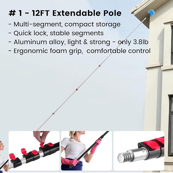 14FT High Reach Cleaning Kit - Includes 12FT Telescoping Extension Pole Bendable Chenille Duster & Microfiber Duster Cobweb Duster Glass Scrubber & Squeegee Swivel Head - for Ceiling Fans Windows