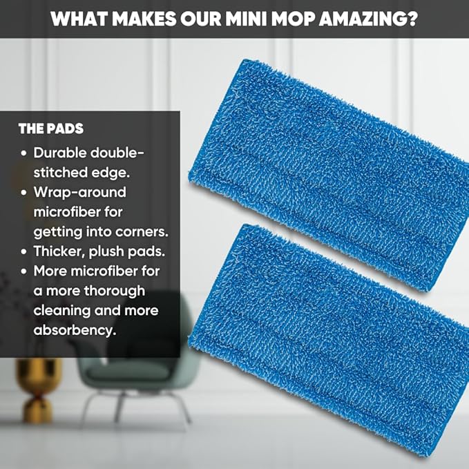 9" Mini Microfiber Mop System for Tight Spaces & Walls | Flat Floor Mop | Adjustable Stainless Steel Handle | 360° Swivel | 2 Washable Microfiber Pads | Hardwood, Tile, Vinyl