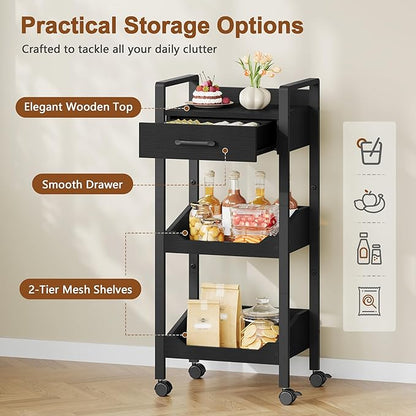 Hoctieon 3-Tier Rolling Storage Cart with Drawer, Rolling Utility Cart Organizer, Mobile Shelving Unit with Wheels, Metal Frame, Kitchen Utility Cart for Small Space, Office, Bathroom, Black