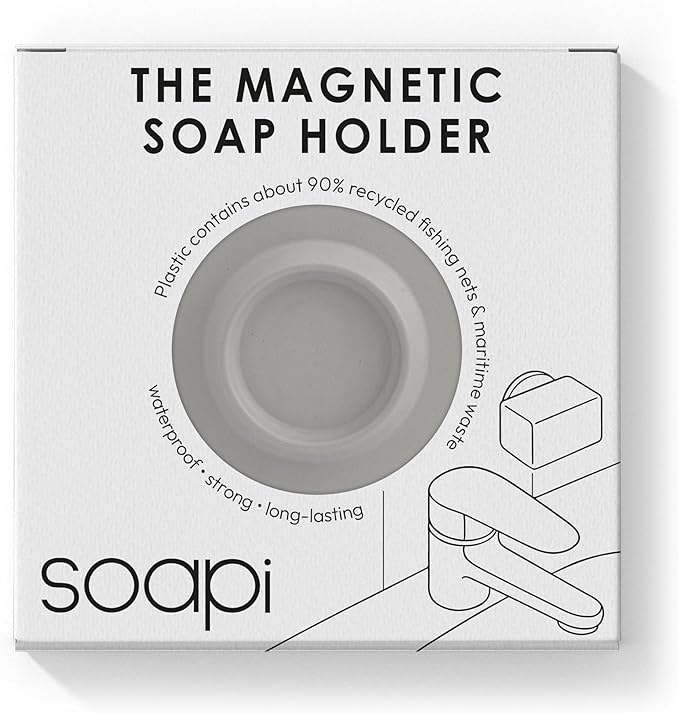 Magnetic Soap Holder – No-Drill Installation – Space-Saving Wall Soap Dish – Wall Mounted, Eco-Friendly Bar Soap Holder – Recycled Ocean Plastic – Stick Anywhere - Soapi (Grey)