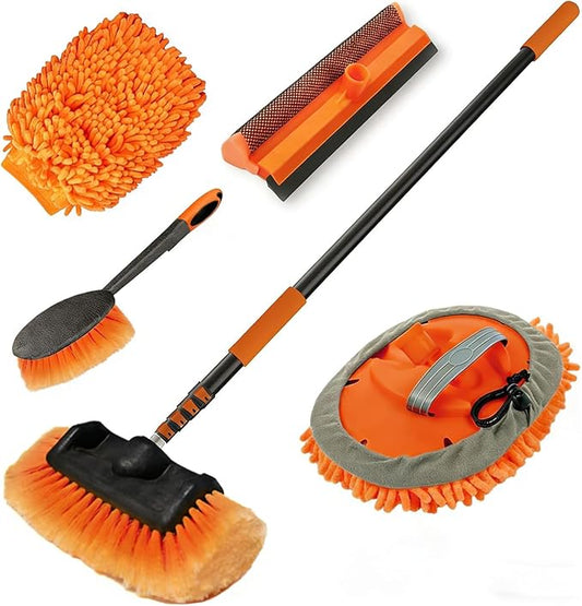 LAANPOLE 16FT Car Wash Brush with Long Handle, Car Cleaning Kit with Soft Bristle Wash Brush, Microfiber Cleaning Mop, Window Squeegee, Mitt, Wheel Brush for RV, Truck, Boat, House Siding
