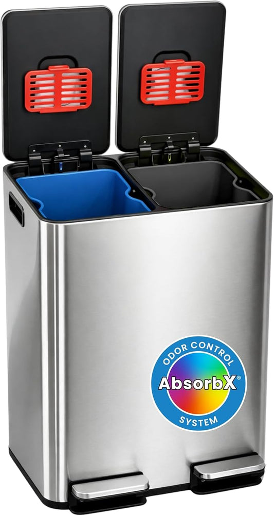 iTouchless SoftStep 16 Gallon Dual Compartment Kitchen Trash Can and Recycle Bin with dual AbsorbX Odor Filters, 60L Stainless Steel Step Garbage Can, Soft-Close Lids, Color-Coded Buckets (Black/Blue)