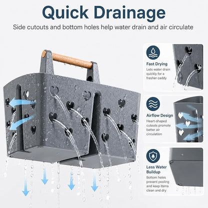 NINU Gray Portable Shower Caddy with Wooden Handle, Large Plastic Shower Basket Tote with 3 Compartments & Drain Holes, Bathroom Organizer for College Dorm, Gym, Camping, Vanity