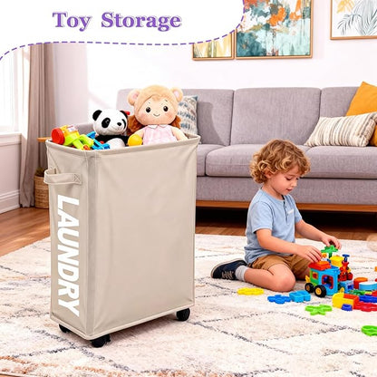 Slim Rolling Laundry Hamper with Wheels, 42L Collapsible Narrow Laundry Basket with Drawstring Mesh Cover, Foldable Dirty Clothes Organizer for Bathroom, Dorm, Small Spaces, Khaki
