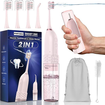 Electric Toothbrush with Water flosser, 2 in 1 Teeth Cleaning Kit, Toothbrush and Water flosser Combo, 25 - Day Battery, Travel Toothbrush with Water Bottle(Pink)