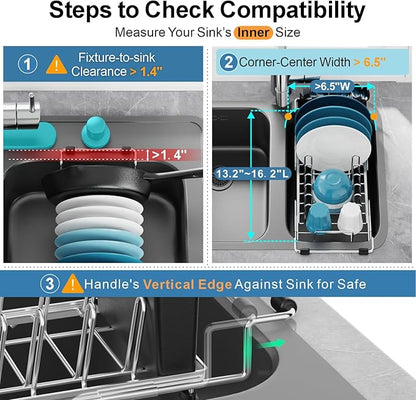 GSlife Small Dish Drying Rack for Counter, Stainless Steel Expandable Dish Drainer with Drain Board and 360° Swivel Spout, Compact for RV, Camper or Over Sink Use, 1-2 People, Narrow 6.5" W, Silver