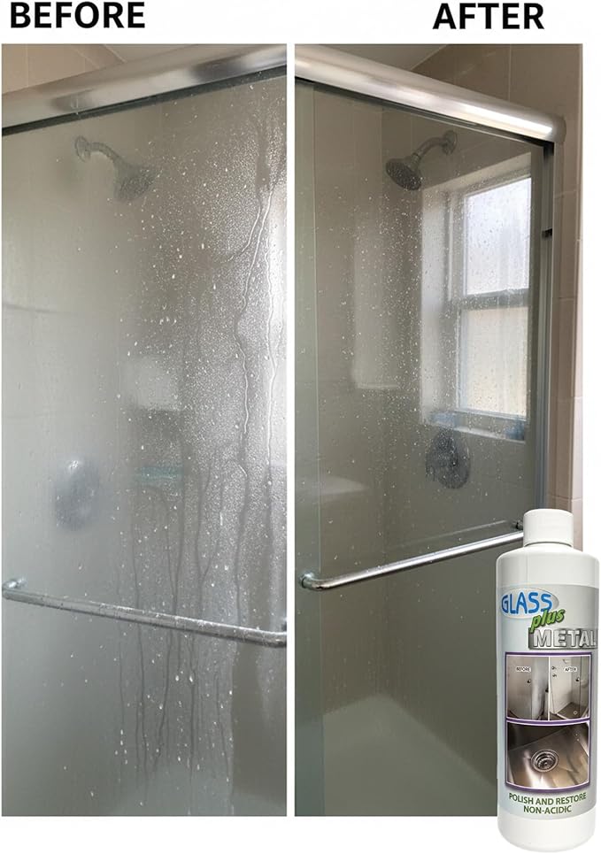 Glass Plus Metal - Polish and Restore | Safe Water Deposit & Stain Remover | Shower Glass, Stainless Steel Frames, Kitchen, Bath Fixtures, Windshield, Ceramic, Toilets | 16 oz