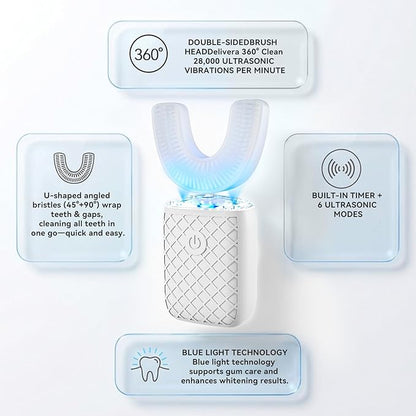 Sonic Electric U Shaped Toothbrush for Adults, Automatic Full Mouth Cleaning Toothbrush, 360° Stain Removal, IPX7 Waterproof Rechargeable, 3 U-Shape & 2 Straight Brush Heads (White - Cup)